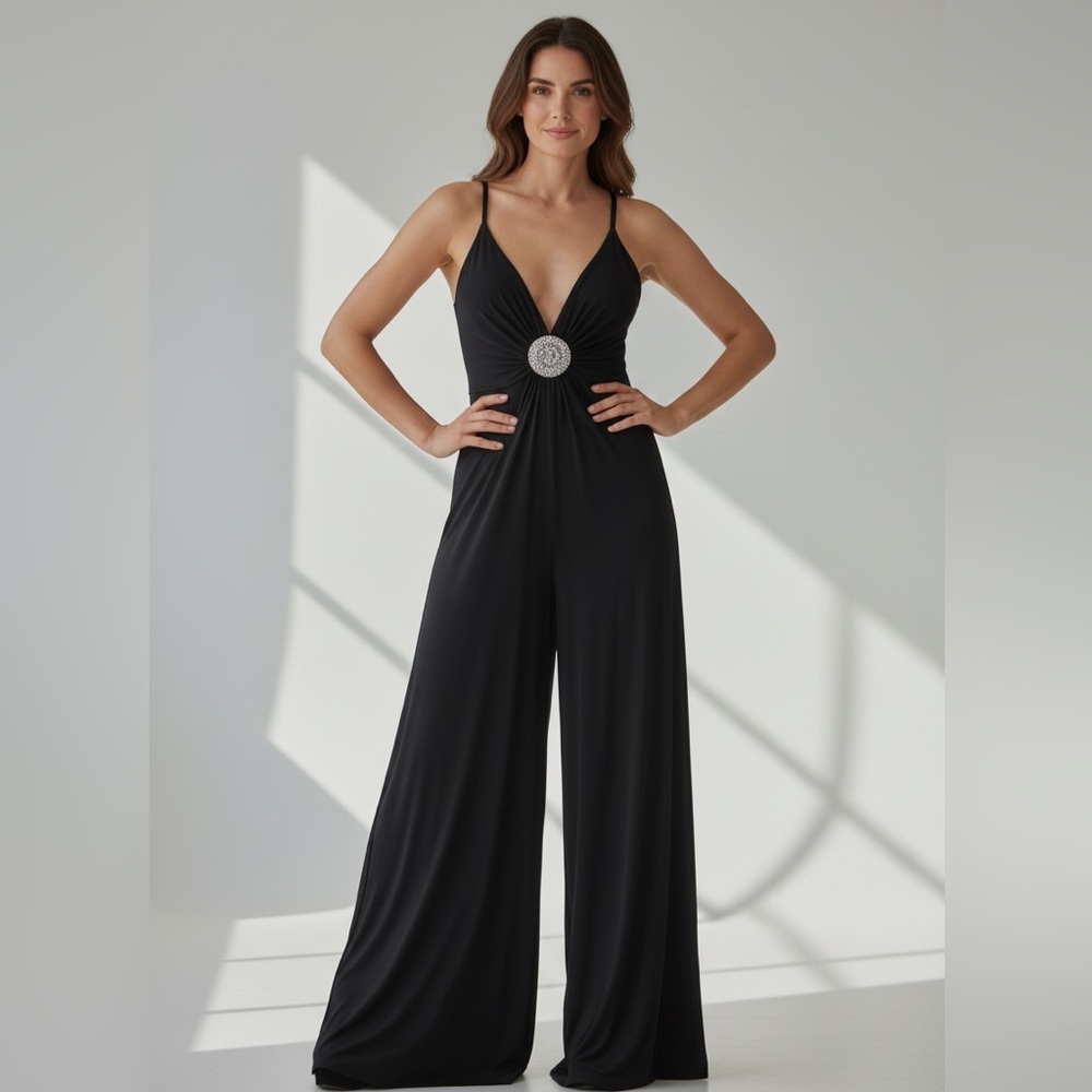VENUS Black Evening Jumpsuit with Rhinestone Brooch